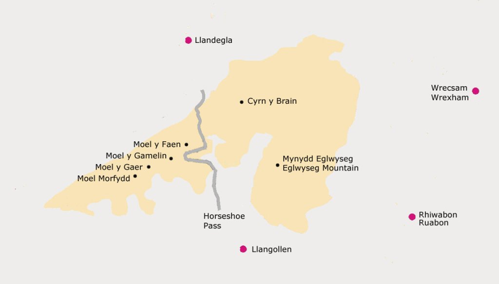 diagram showing summits of Llantysilio Mountain, north east Wales
