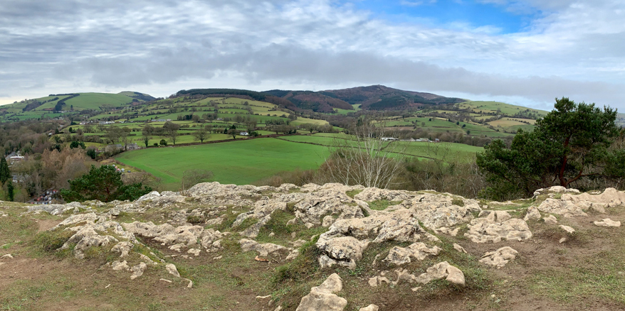 The view from the clifftop at Loggerheads towards Moel Famau